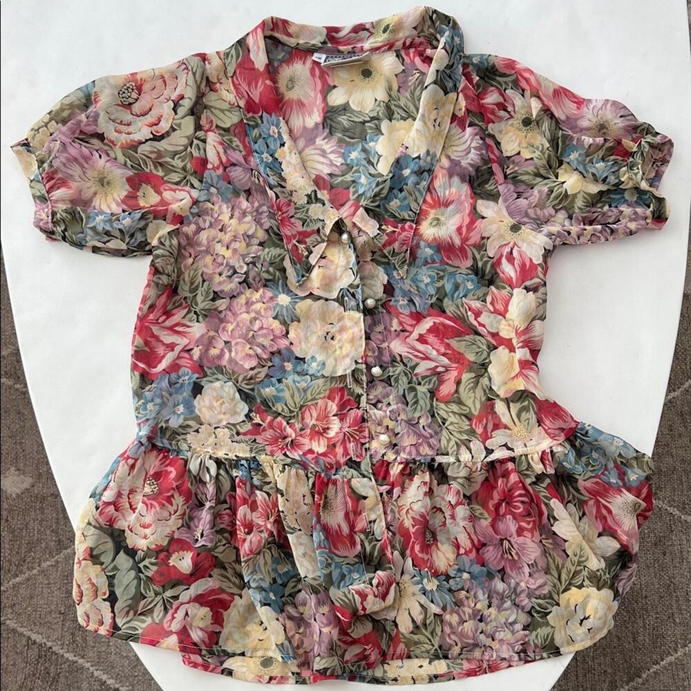 Vintage VTG Monkey Wear Floral Pearl Button Semi-Sheer Chiffon Blouse 12 / L